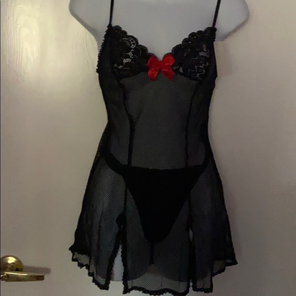 Set of black mesh lingerie with red bow